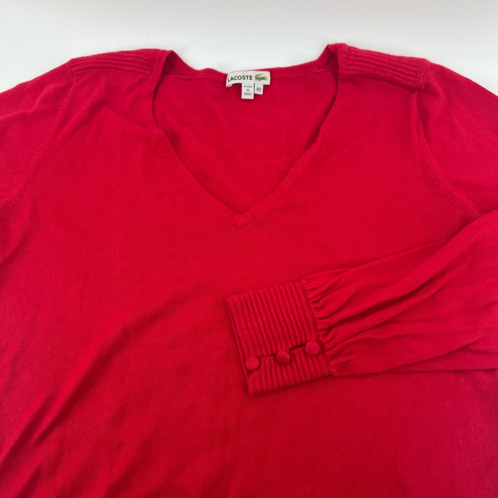Lacoste Red Cotton V-Neck Sweater Puff Sleeve Button Cuff Size 40 Medium Womens